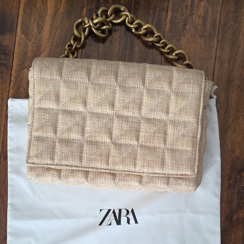 Zara Beige Quilted Shoulder Bag with Gold Chain
